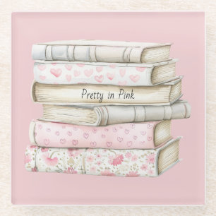 Pretty in Pink Hearts Books Glass Coaster