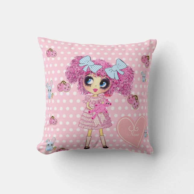 Pretty in Pink Kawaii Girl PinkyP Cushion (Front)
