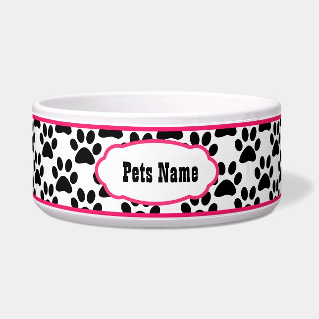 Pretty in Pink Paw Print Personalised Dog Bowl (Front)
