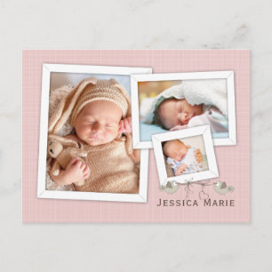Pretty in Pink Photo Framed Birth Announcement Postcard