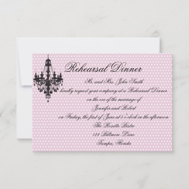 Pretty in Pink Polka Dots with Black Chandelier Re Invitation (Front)