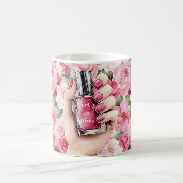 Pretty in Pink Roses Floral Hand Nail Polish Coffee Mug (Center)