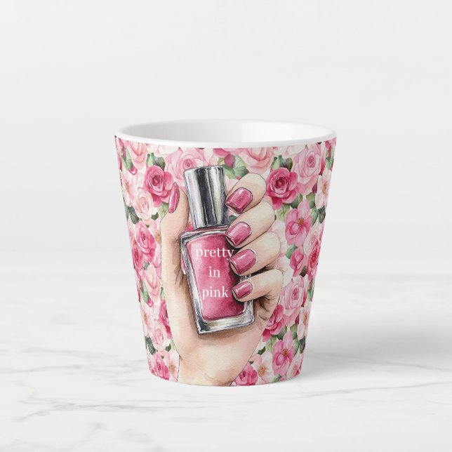 Pretty in Pink Roses Floral Hand Nail Polish Latte Mug (Front)