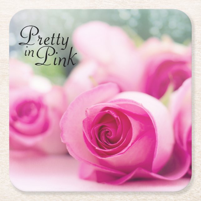 Pretty in Pink Roses Square Paper Coaster (Front)