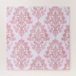 Pretty in Pink Victorian Damask Watercolor Pattern Jigsaw Puzzle