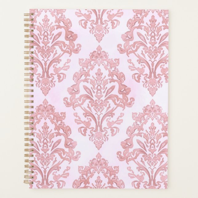 Pretty in Pink Victorian Damask Watercolor Pattern Planner (Front)