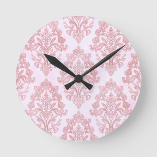 Pretty in Pink Victorian Damask Watercolor Pattern Round Clock