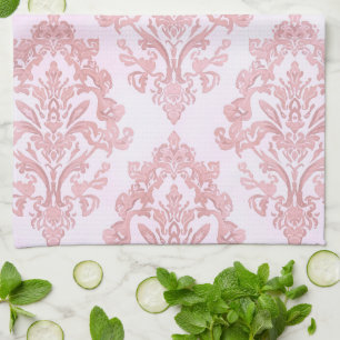 Pretty in Pink Victorian Damask Watercolor Pattern Tea Towel