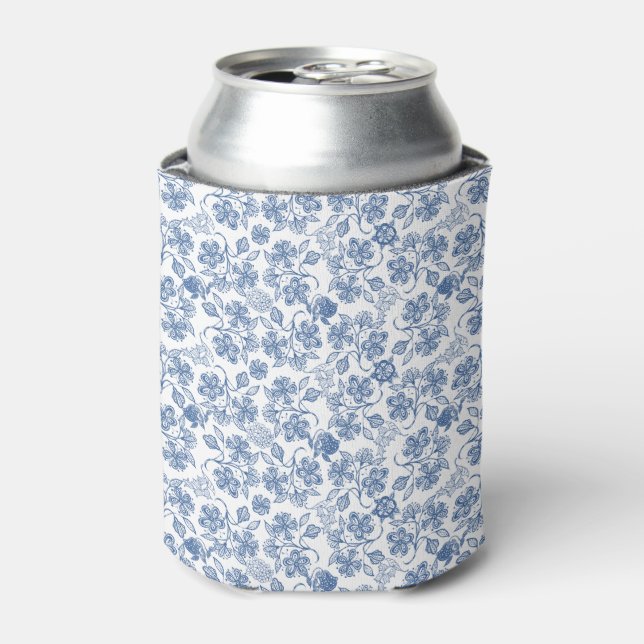 Pretty Indigo Blue Ethnic Floral Print Can Cooler (Can Front)