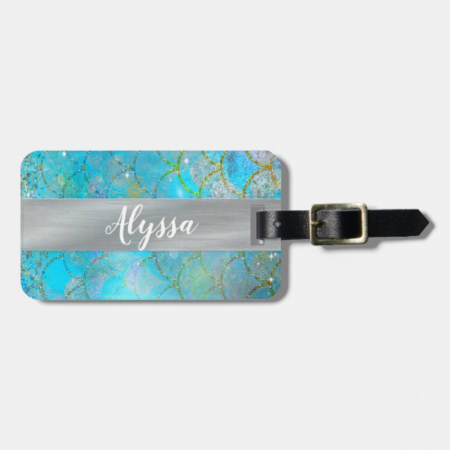 Pretty Iridescent Blue Shimmer Mermaid Scales Luggage Tag (Front Horizontal)