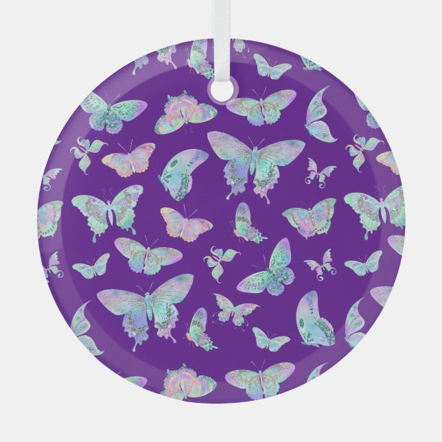Pretty Iridescent Butterflies on Purple Christmas Glass Tree Decoration (Front)