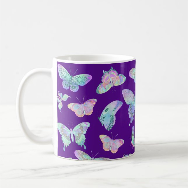 Pretty Iridescent Butterflies on Purple Coffee Mug (Left)