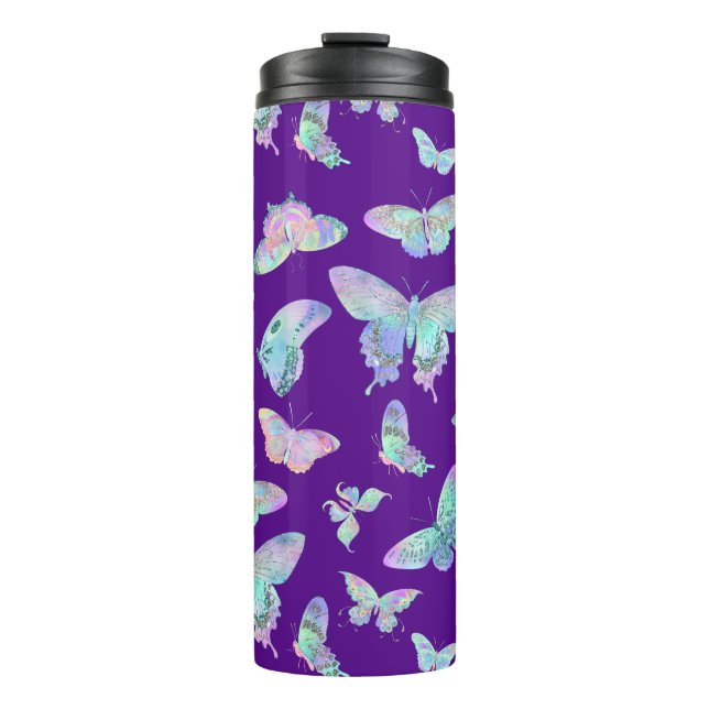 Pretty Iridescent Butterflies on Purple Thermal Tumbler (Front)