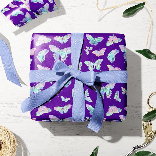 Pretty Iridescent Butterflies on Purple Wrapping Paper (Creator Uploaded)