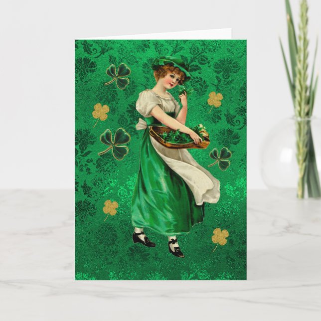 Pretty Irish Lassie Green & Gold Floral Shamrocks Card (Front)