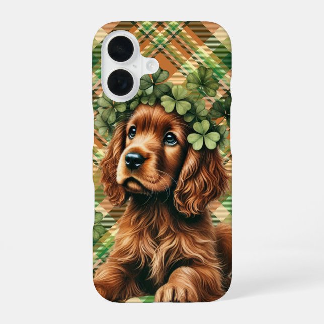 PRETTY IRISH SETTER DOG FACE WITH SHAMROCKS iPhone 16 CASE (Back)