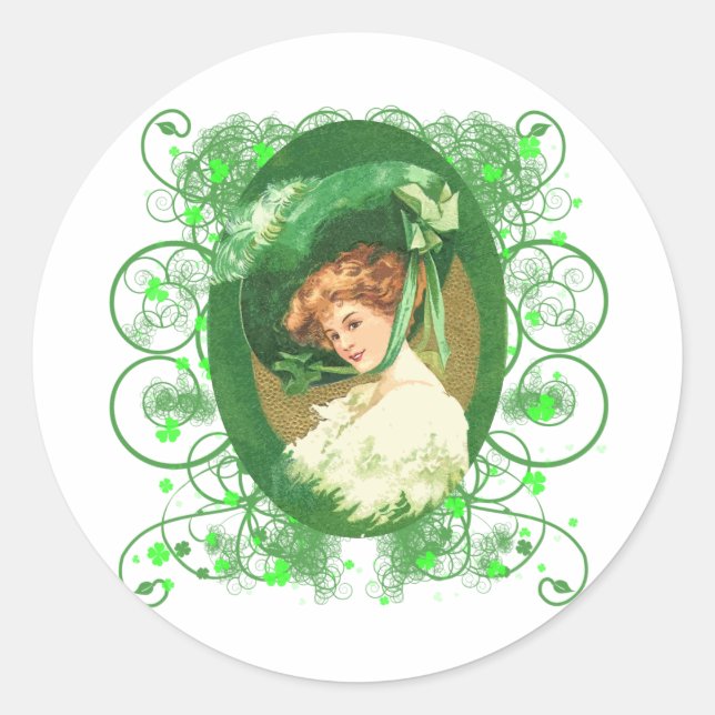 Pretty Irish Woman Vintage Design Classic Round Sticker (Front)