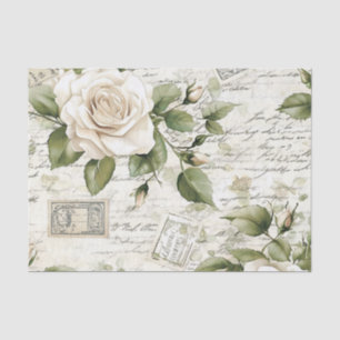 Pretty Ivory Roses with Simulated Text and Stamps Tissue Paper