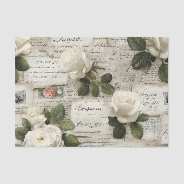 Pretty Ivory Roses with Simulated Text and Stamps Tissue Paper (Front)