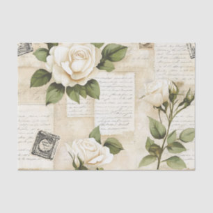Pretty Ivory Roses with Simulated Text and Stamps Tissue Paper