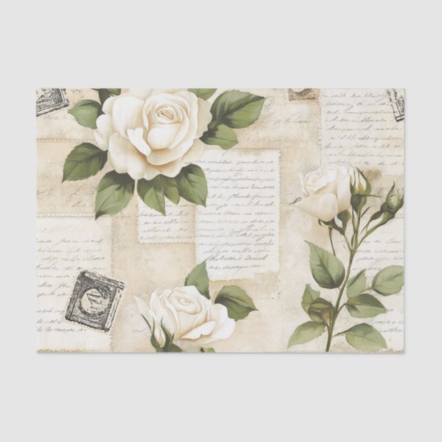 Pretty Ivory Roses with Simulated Text and Stamps Tissue Paper (Front)