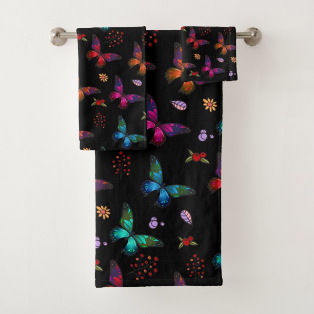 Pretty Jewel Tone Butterflies on Black Bath Towel Set (Insitu)