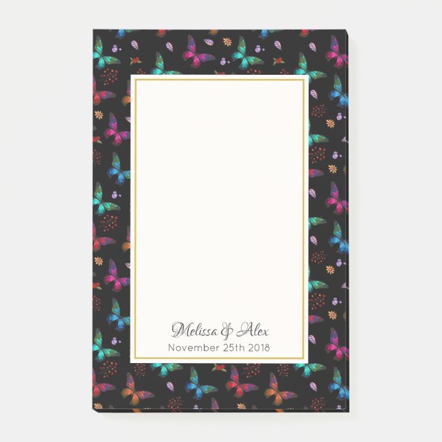 Pretty Jewel Tone Butterflies on Black Custom Post-it Notes (Front)