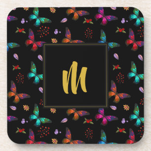 Pretty Jewel Tone Butterflies on Black  Monogram Coaster