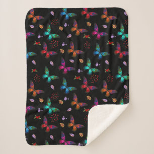 Pretty Jewel Tone Butterflies on Black Sherpa Blanket