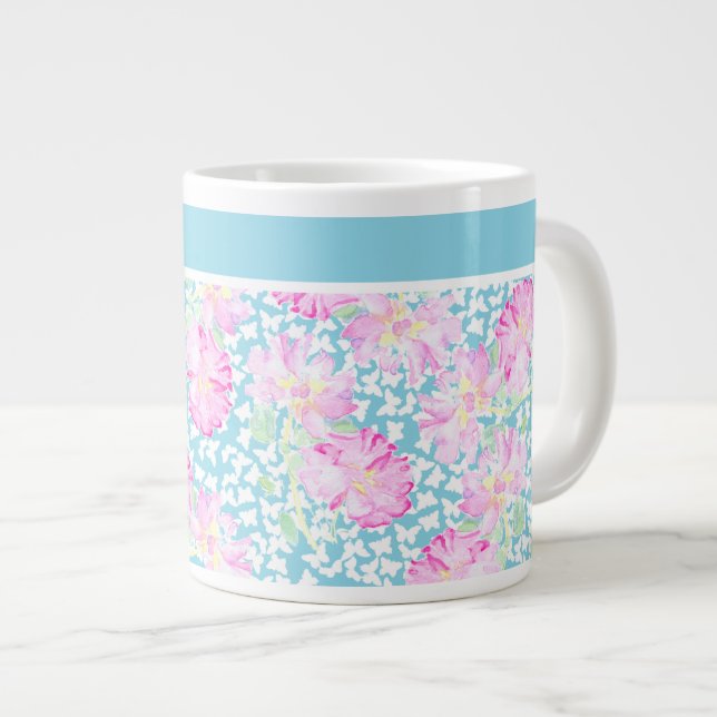 Pretty Jumbo Mug, Pink Roses, White Butterflies Large Coffee Mug (Front Right)