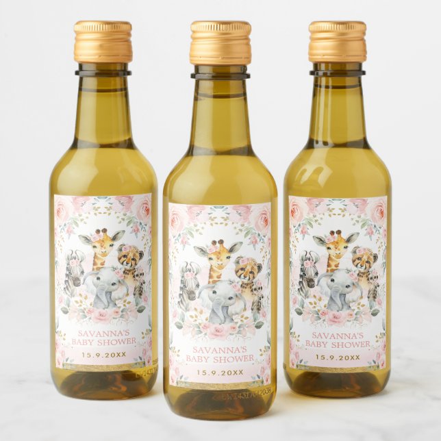 Pretty Jungle Animals Pink Blush Floral Favours Wine Label (Bottles)