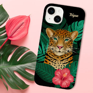 Pretty Jungle Leopard Floral Art Black Name iPhone 14 Case