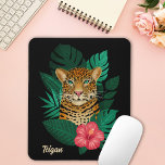 Pretty Jungle Leopard Floral Art | Black | Name Mouse Mat<br><div class="desc">This stunning mousepad features a hand drawn / painted leopard,  with tropical jungle leaves and a bright pink hibiscus flower over a custom colour background (shown in black). Modern,  beautiful,  and colourful - makes a great gift! 
*Artwork / Illustration by Tracey Khalei / Orabella Prints</div>