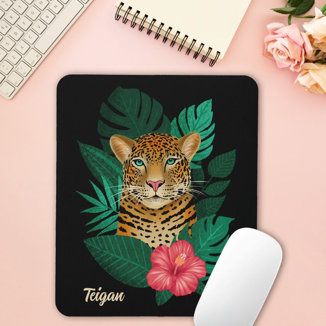 Pretty Jungle Leopard Floral Art | Black | Name Mouse Mat (Creator Uploaded)
