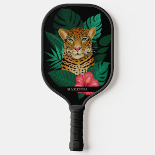 Pretty Jungle Leopard Floral Art   Black   Name Pickleball Paddle