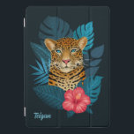 Pretty Jungle Leopard Floral Art | Blue | Name iPad Pro Cover<br><div class="desc">This stunning ipad cover features a hand drawn / painted leopard, with tropical jungle leaves in shades of blue, as well as a bright pink hibiscus flower, over a custom colour background (shown in navy blue). A text template is included for easy personalisation. Modern, beautiful, and unique - makes a...</div>