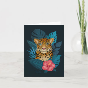 Pretty Jungle Leopard Floral Art   Blue Note Card
