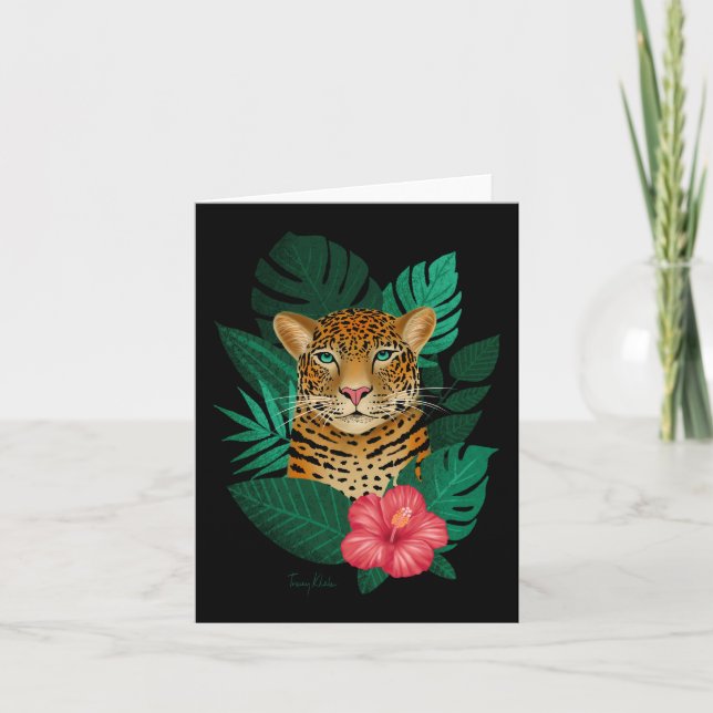 Pretty Jungle Leopard Floral Art | Green Black Note Card (Front)
