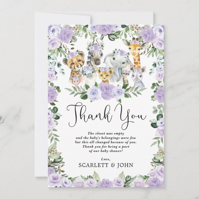 Pretty Jungle Wild Animals Purple Floral Baby Girl Thank You Card (Front)