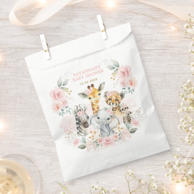Pretty Jungle Wild Baby Animals Blush Pink Floral Favour Bags (Clipped)