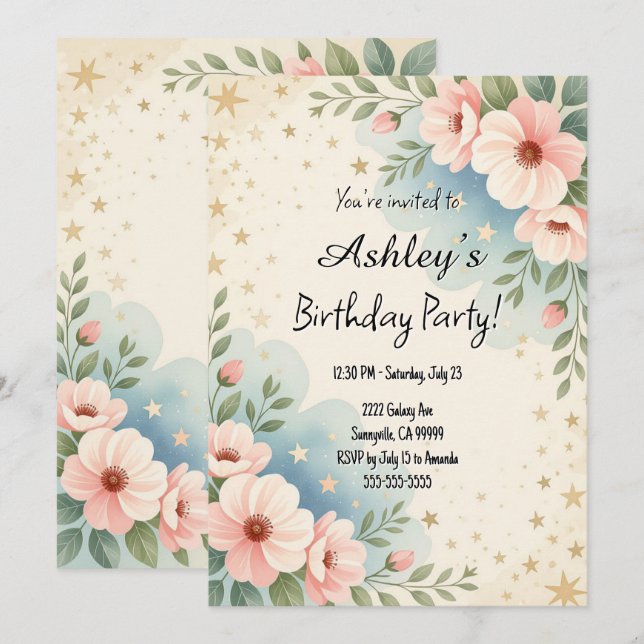 Pretty Kids Space Flower Themed Birthday Party  Invitation (Front/Back)