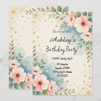 Pretty Kids Space Flower Themed Birthday Party  Invitation