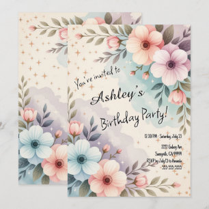 Pretty Kids Space Flower Themed Birthday Party  Invitation