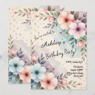 Pretty Kids Space Flower Themed Birthday Party  Invitation