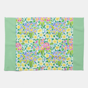 Pretty Kitchen Towel, Spring Primroses, Mint Green Tea Towel