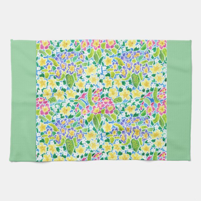 Pretty Kitchen Towel, Spring Primroses, Mint Green Tea Towel (Horizontal)