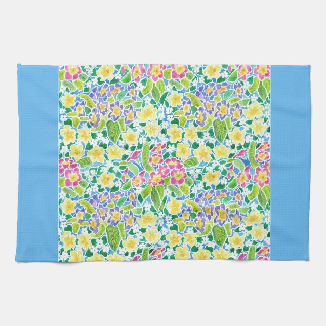 Pretty Kitchen Towel, Spring Primroses, Sky Blue Tea Towel (Horizontal)