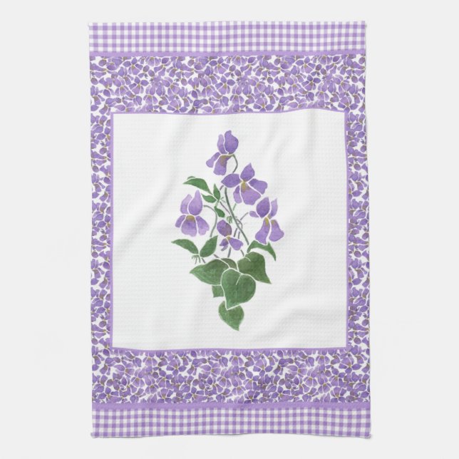 Pretty Kitchen Towel, Violets and Check Gingham Tea Towel (Vertical)
