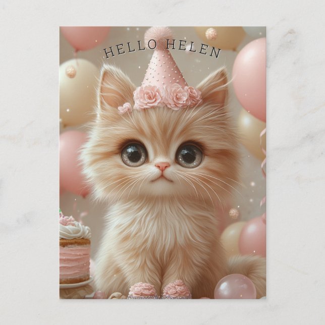 Pretty Kitten Birthday Hat Cake Balloons Postcard (Front)