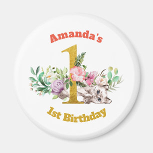 Pretty Kitten Floral Baby Girl 1st Birthday Magnet